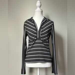 UNBRANDED Y2K Preppy Strip Collared Vneck Long Sleeve Size M